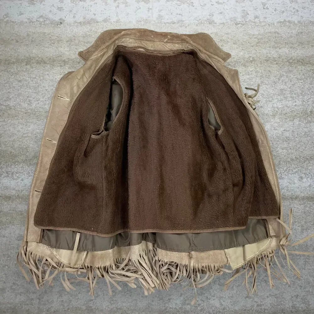 True Vintage 90s Western Suede Leather Jacket Mens M Tan Faux Fur Line Button Up - Picture 3 of 6